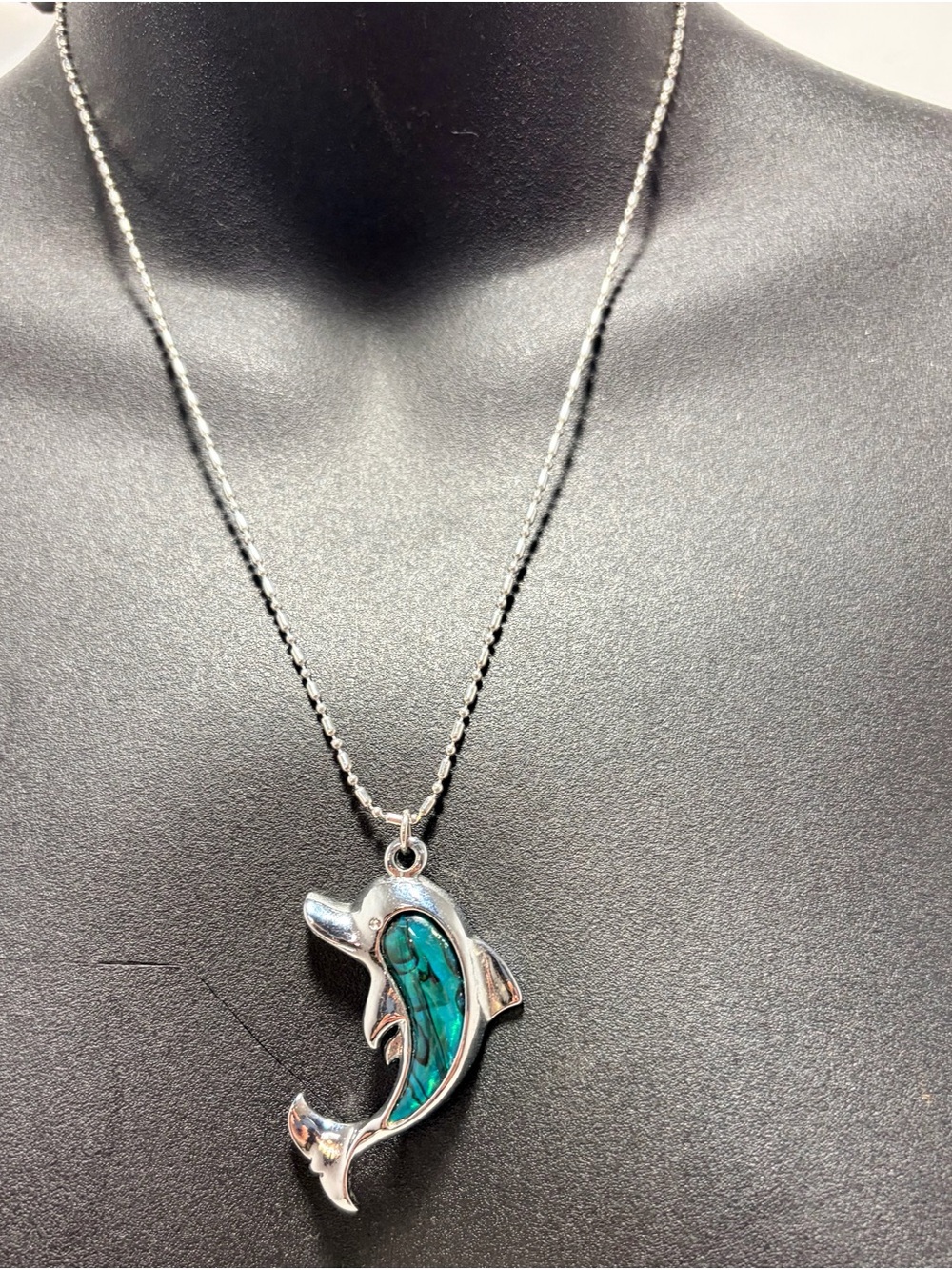 Dolphin Iridescent Pendant Necklace with Blue & Teal Abalone Shell Inlay